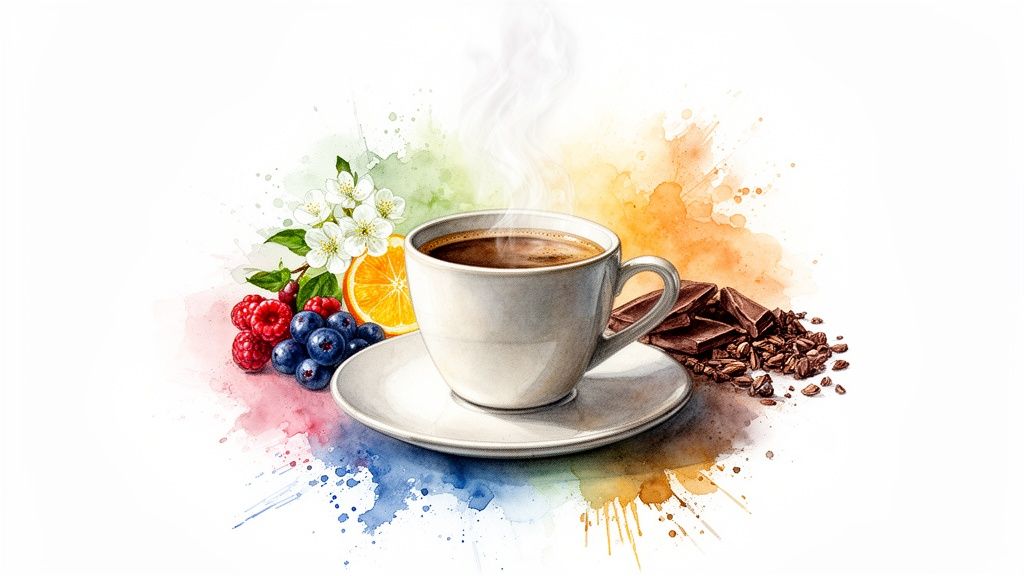 A vibrant watercolor illustration of a steaming coffee cup surrounded by fresh fruit, chocolate, and flowers.