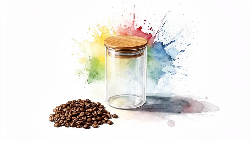 A transparent glass jar with a wooden lid next to roasted coffee beans on a white background with colorful watercolor splashes.