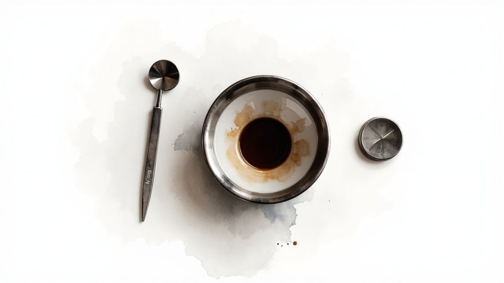 Barista tools including a metal spoon, bowl with espresso, and tamper on a white surface with coffee stains.