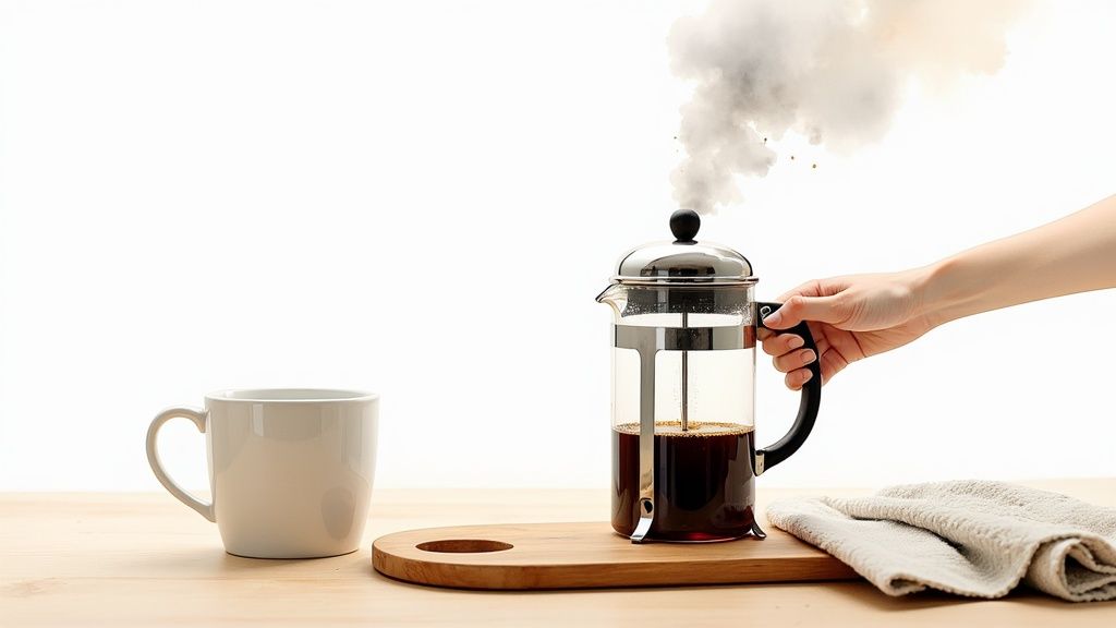 A person pouring freshly brewed coffee from a cafetière into a mug, showcasing the rich colour of the coffee.