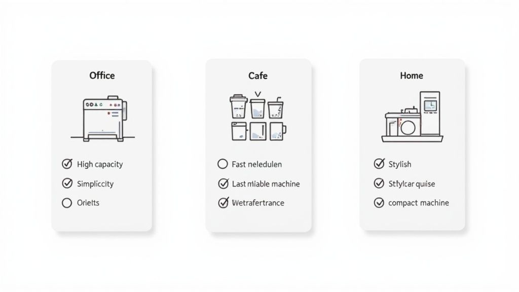 Three coffee machine types comparing office, cafe, and home models with features listed