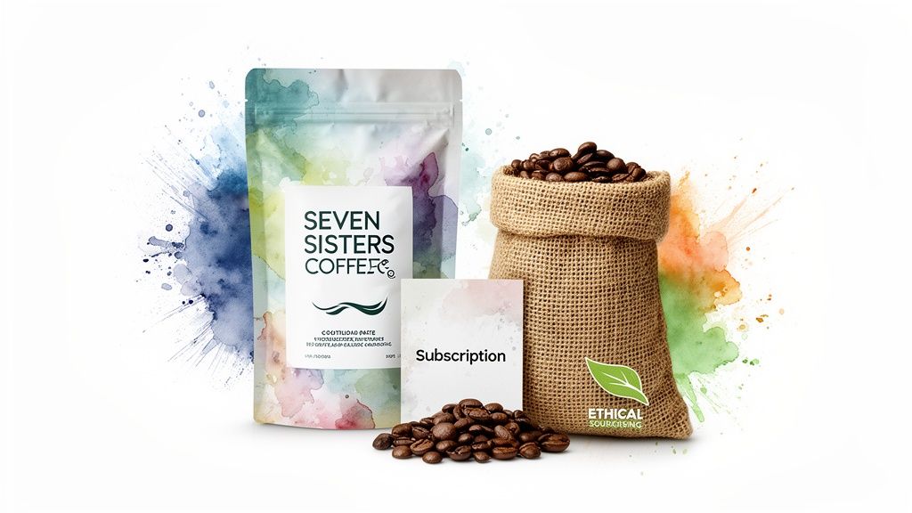 A Seven Sisters Coffee pouch, a burlap bag of coffee beans, a subscription card, and loose beans.