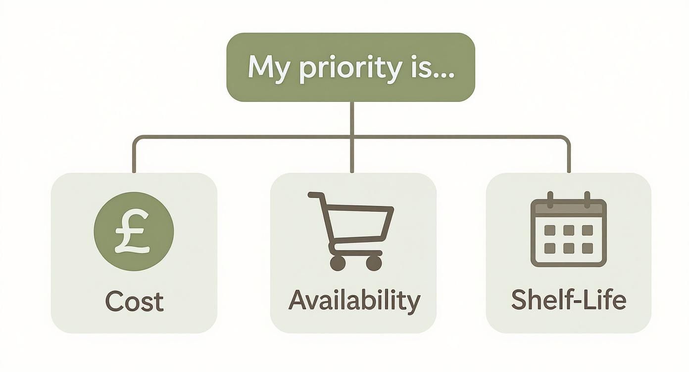Decision tree diagram showing three purchasing priority options: cost, availability, and shelf-life