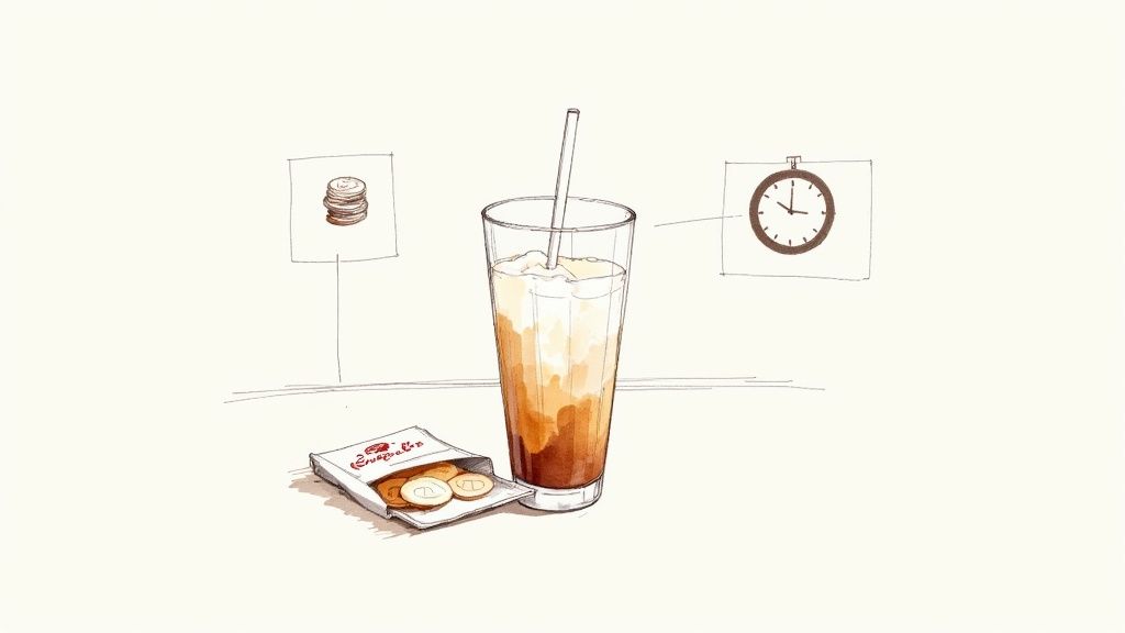 A perfectly made iced latte in a tall glass, showing layers of coffee and milk.