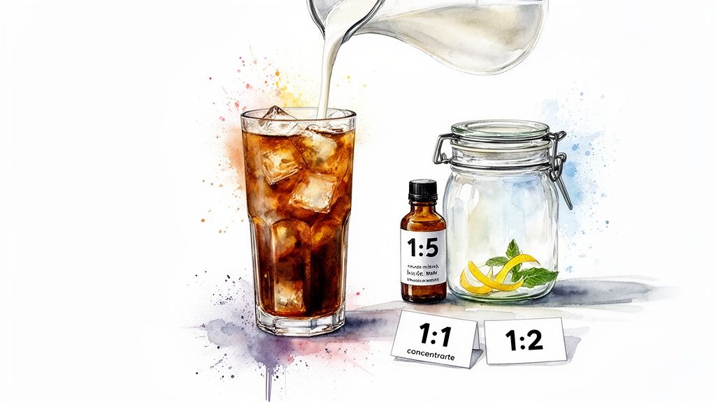 A watercolor illustration shows iced cold brew coffee, milk being poured, and various flavor ingredients.
