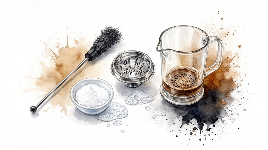 Watercolor illustration of coffee-making tools: a brush, sugar, a filter, and a glass of coffee.