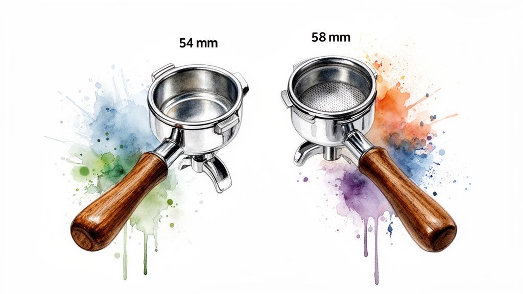 Two illustrated espresso portafilters, 54mm and 58mm, with colorful watercolor splashes.