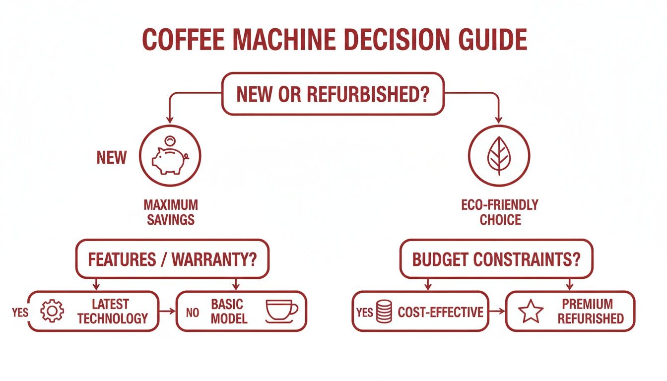 A flowchart decision guide for choosing between new or refurbished coffee machines based on features, warranty, and budget.
