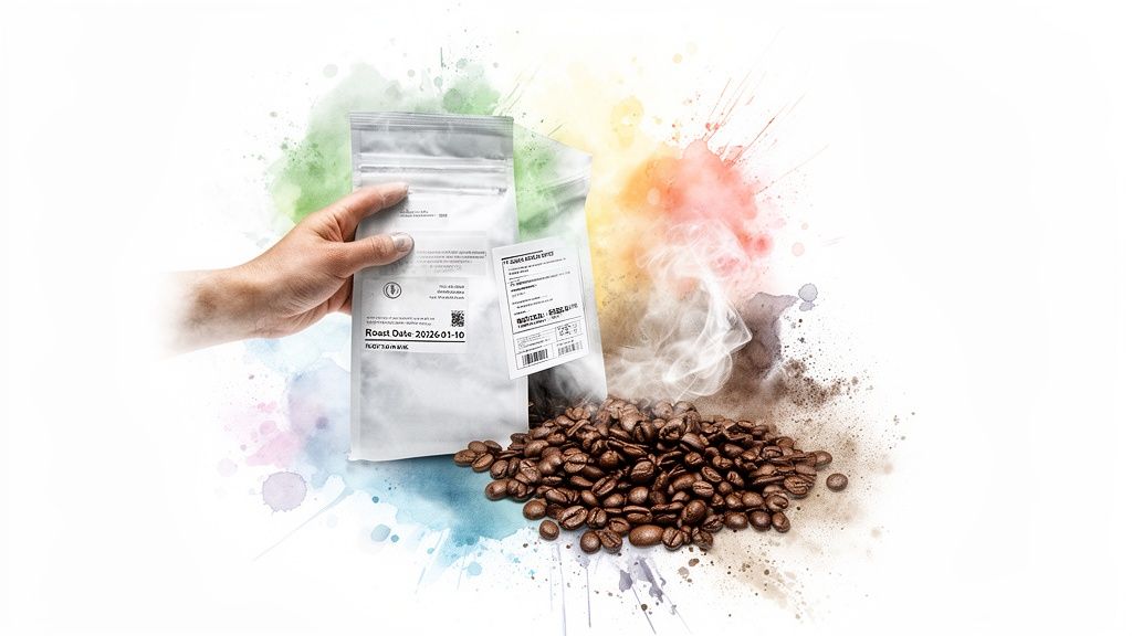 A hand holds a fresh coffee bean pouch with roast date, next to a pile of roasted beans and colorful splashes.