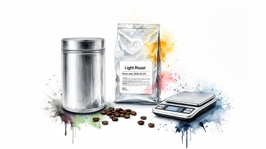 An illustration featuring light roast coffee beans, a silver canister, a coffee bag, and a digital scale.