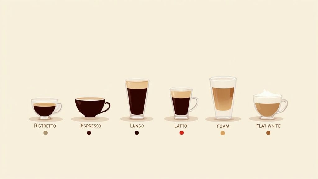 An illustration showcasing six different coffee drinks: Ristretto, Espresso, Lungo, Latte, a layered Foam coffee, and Flat White.