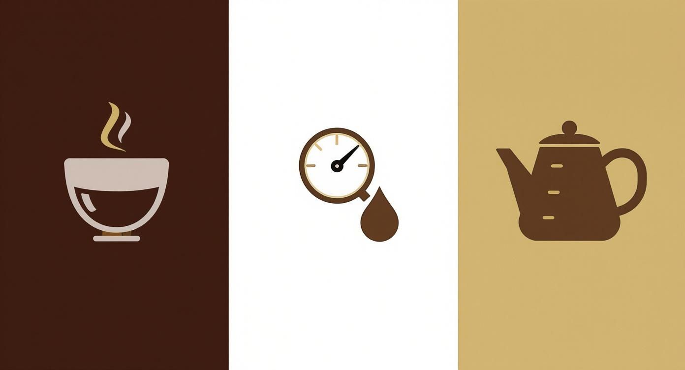 Three minimalist icons representing coffee preparation: a steaming cup, a gauge with a coffee drop, and a kettle.