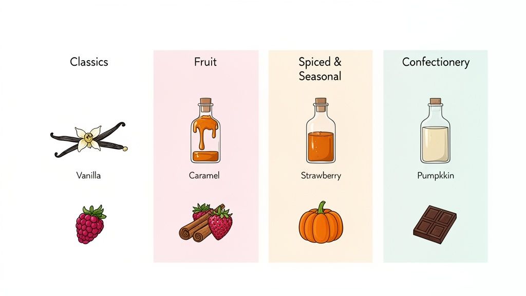 A graphic illustrating four flavor categories of coffee syrups: Classics, Fruit, Spiced & Seasonal, and Confectionery, with ingredient examples.