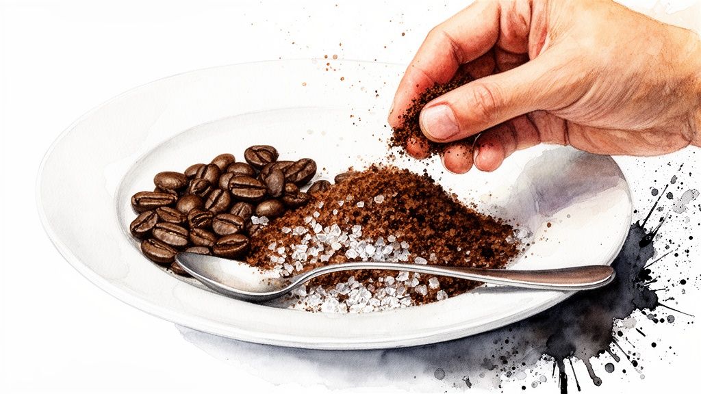 A hand sprinkles coffee grounds onto a plate with coffee beans, salt, and a spoon.