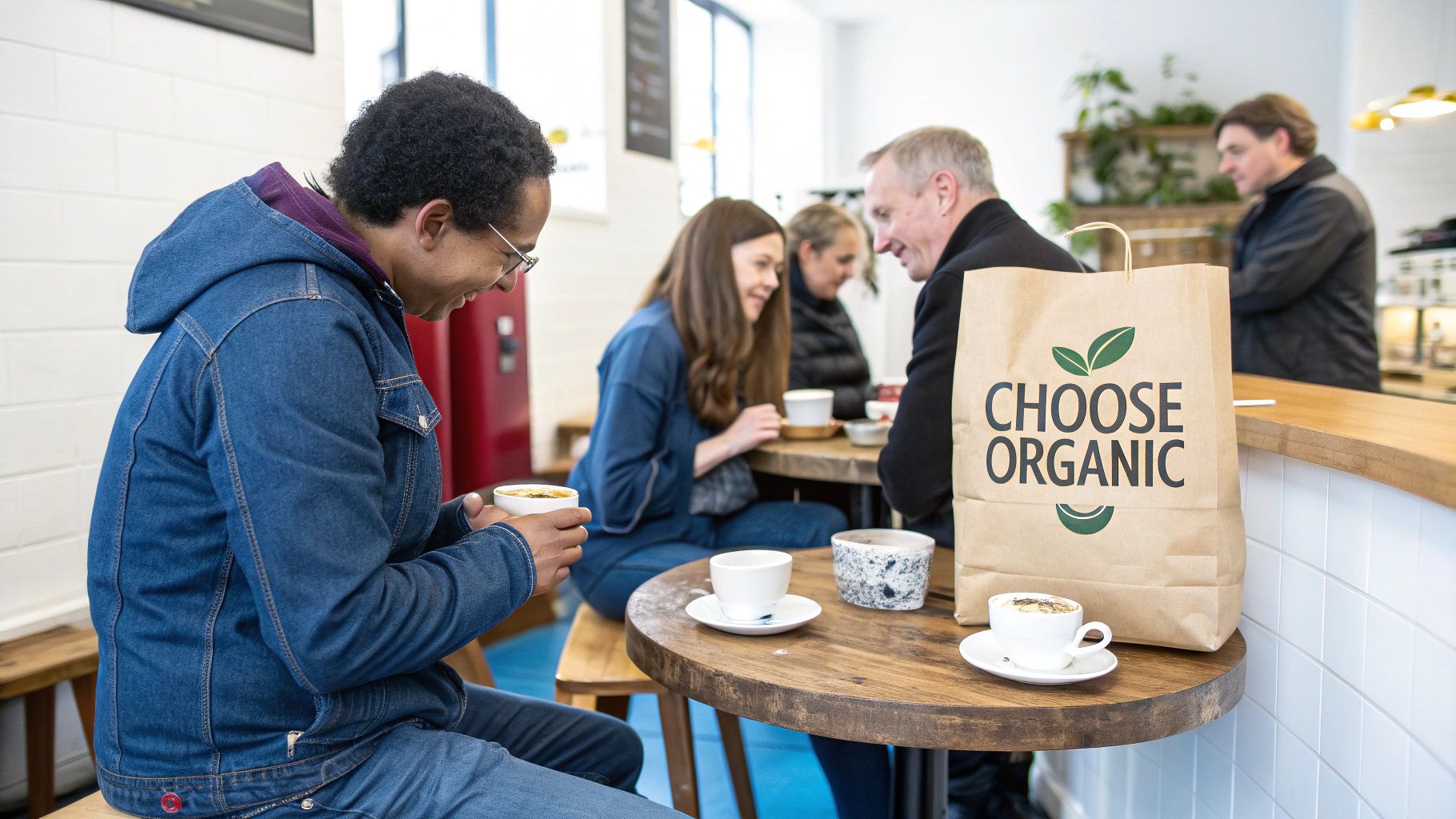 A close-up shot of freshly roasted organic coffee beans in a hessian sack.