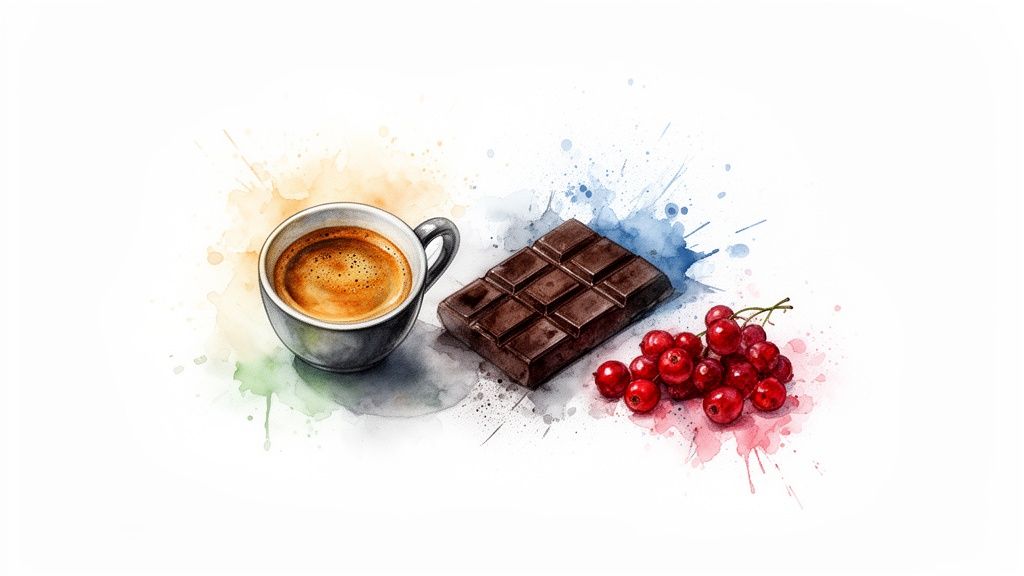 Watercolor illustration of a hot coffee cup, a chocolate bar, and fresh red currants with colorful splatters.