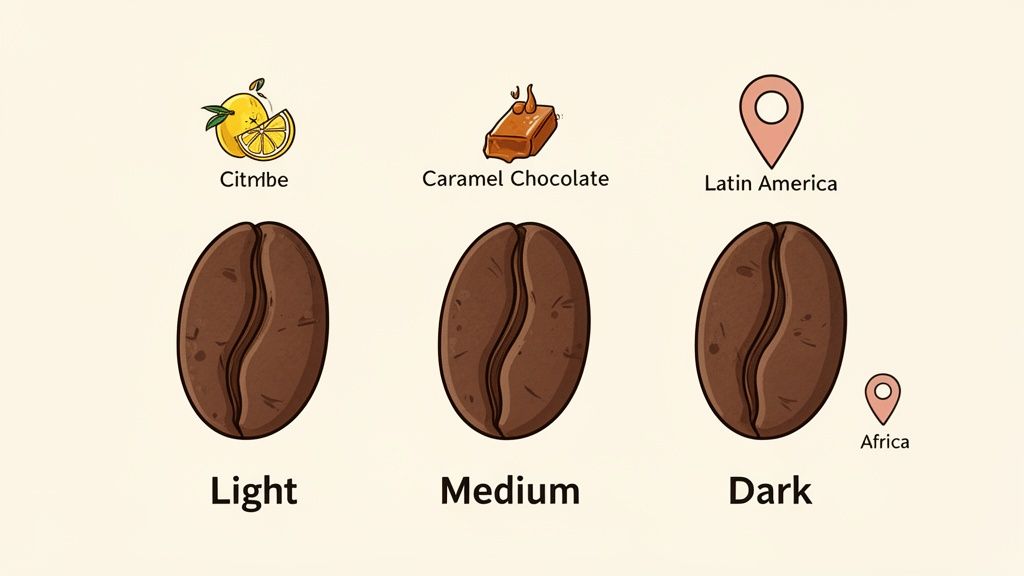 Three coffee beans illustrating light, medium, and dark roasts with flavor profiles and origins.