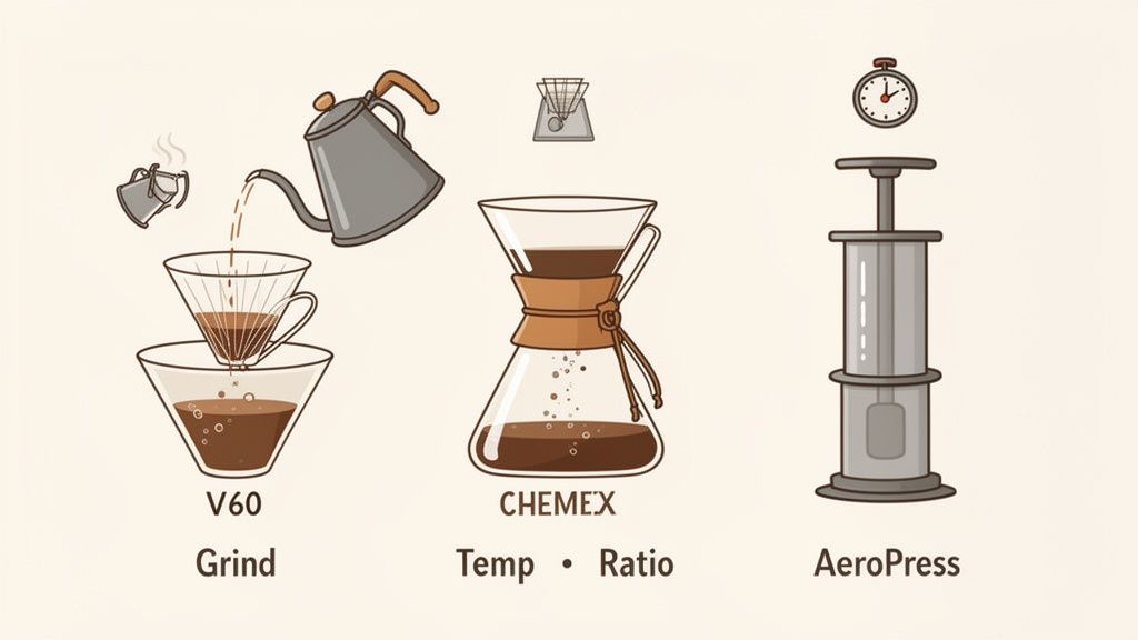Illustration depicting three popular coffee brewing methods: V60, Chemex, and AeroPress, with relevant tips.