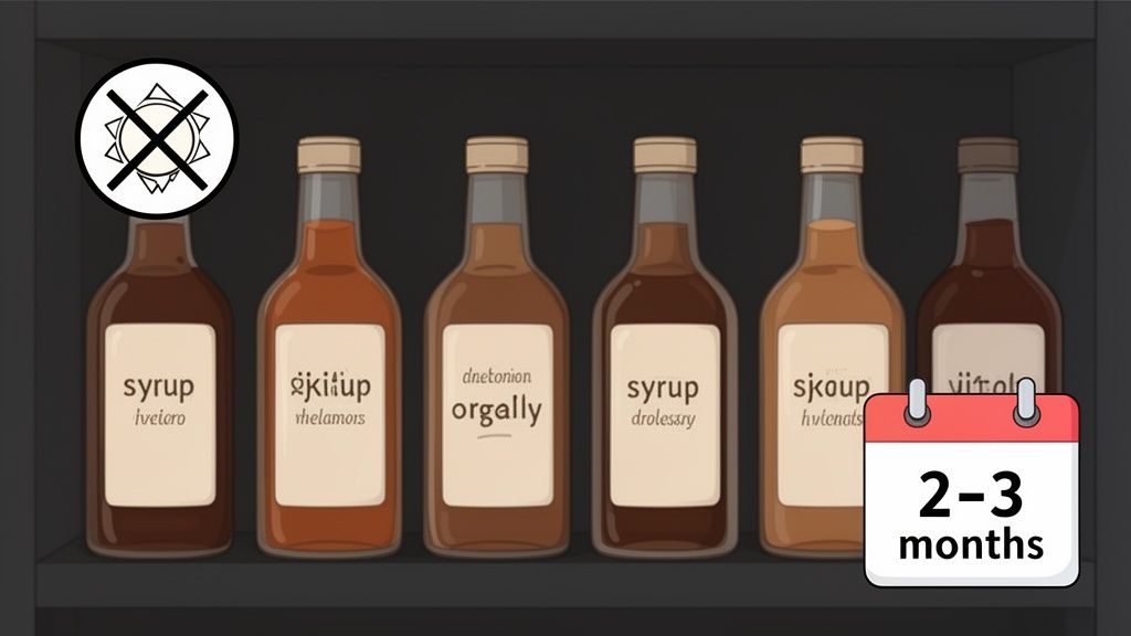 Six bottles of various syrups on a shelf with a 'no sun' and '2-3 months' icon.