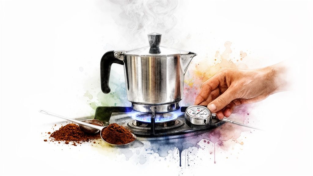 A moka pot brews coffee on a gas stove, with a hand measuring temperature and ground coffee nearby.