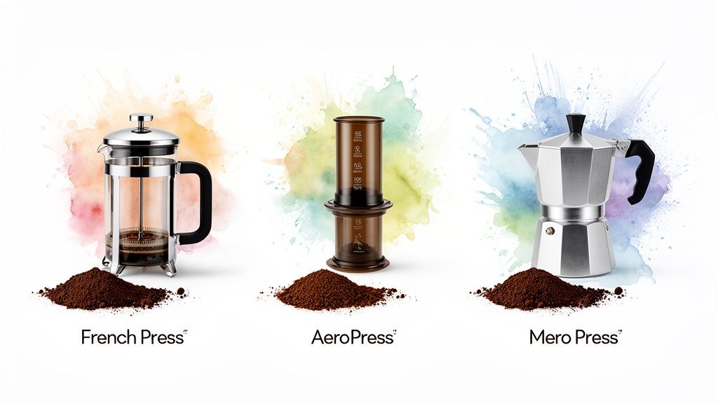 Three different coffee makers: a French Press, an AeroPress, and a Moka Pot, each with ground coffee.