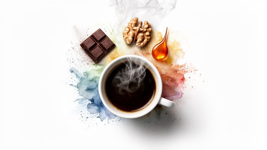 Steaming coffee in a white mug with dark chocolate, walnuts, and honey on a colorful watercolor splash.
