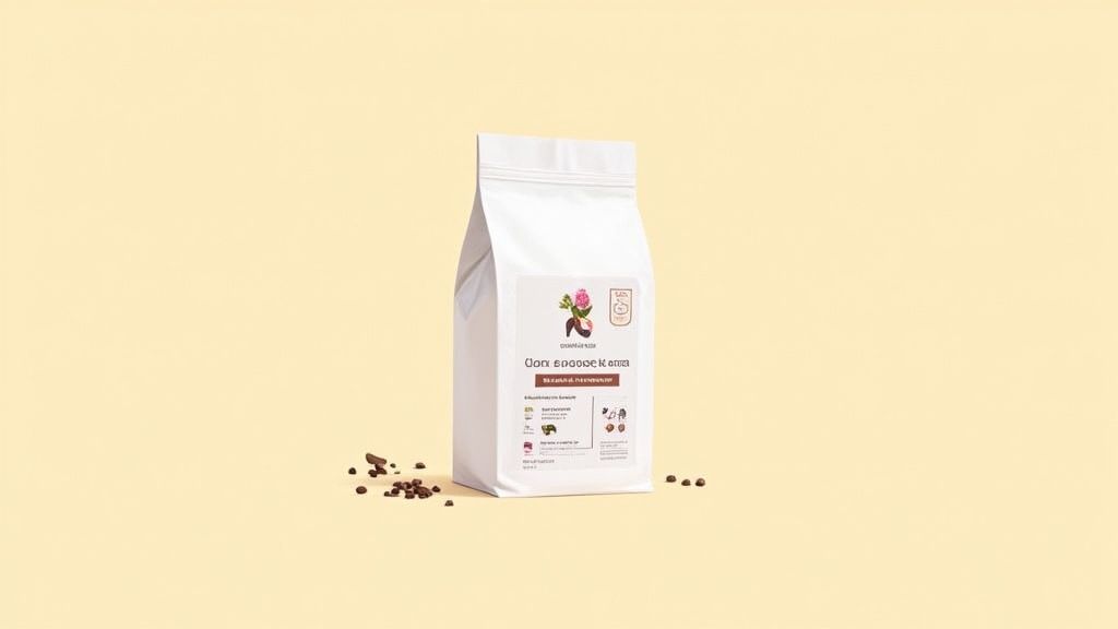 A white stand-up pouch of coffee beans sits on a yellow surface with scattered beans.