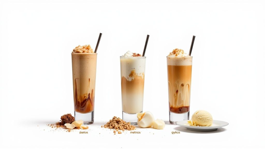 Three delicious Greek frappe drinks, including plain, medium, and sweet options, with various toppings and ingredients.