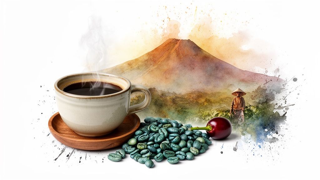 A cup of hot coffee, green coffee beans, a red coffee cherry, farmer, and volcano in watercolor style.
