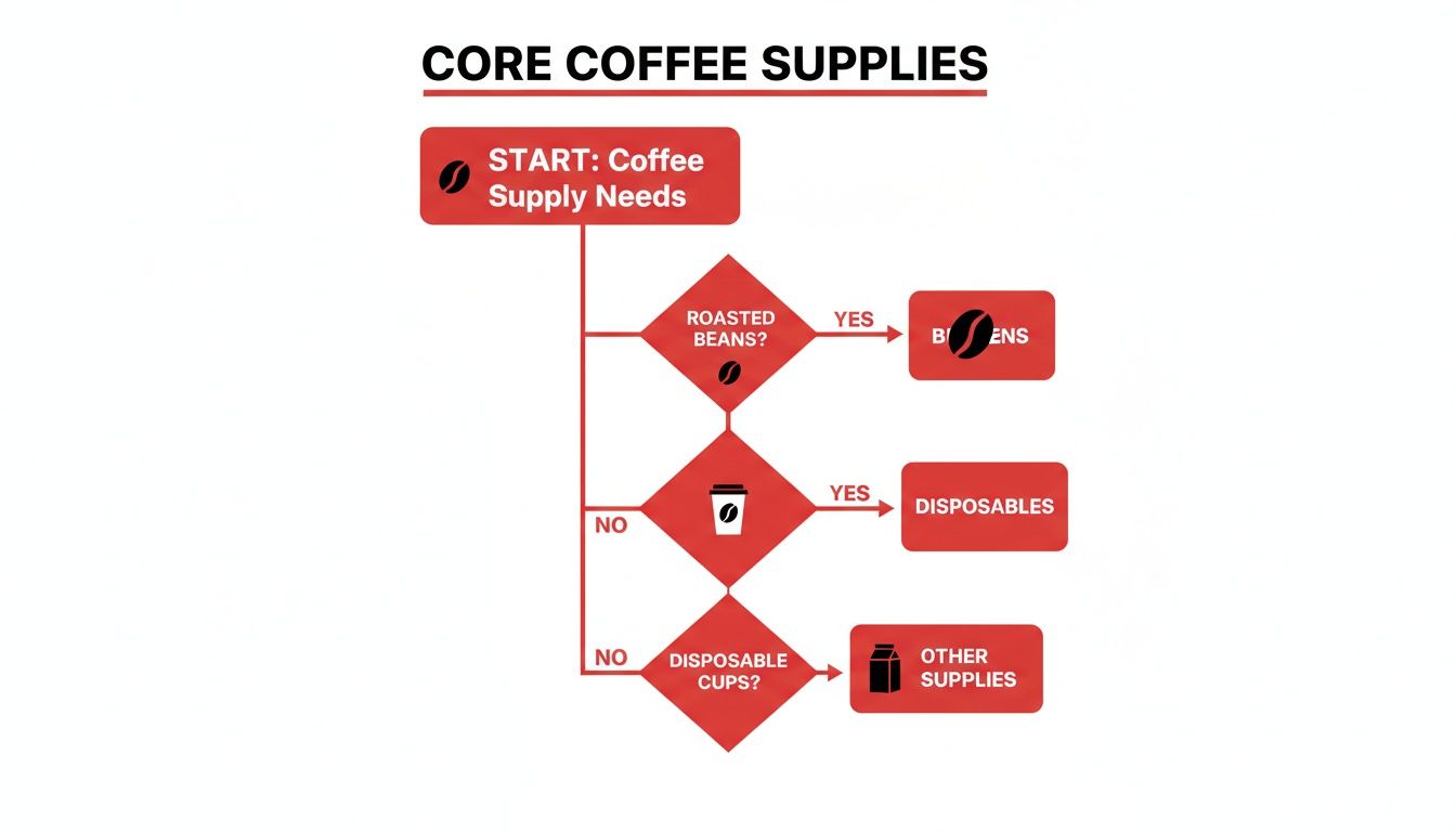 Flowchart outlining core coffee supplies decision process for beans, disposables, and other items.