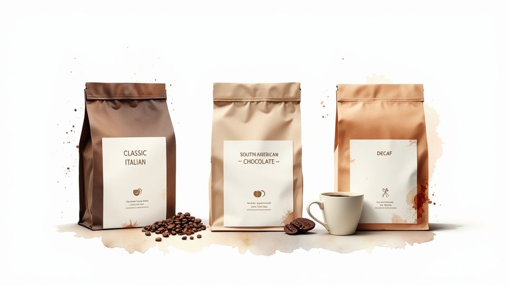 Three bags of coffee beans lined up next to a moka pot