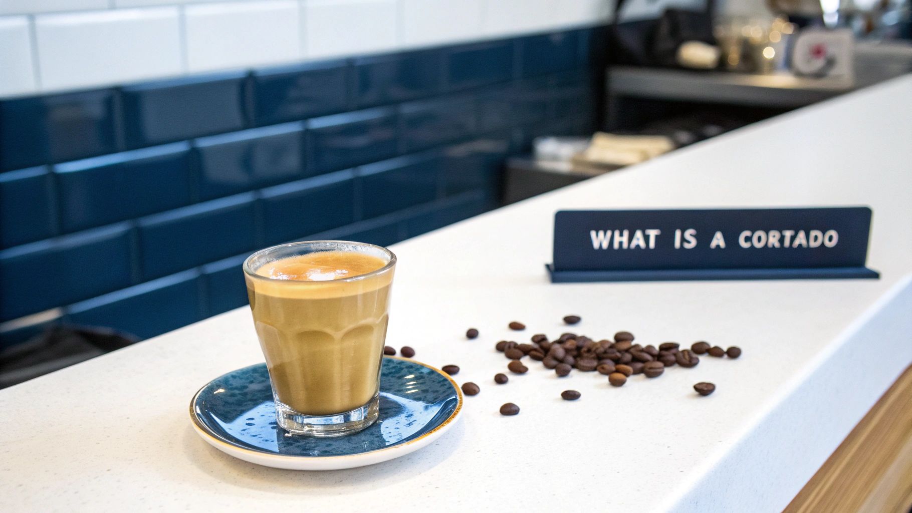 A perfectly poured cortado in a small glass, showing the balanced mix of espresso and milk.