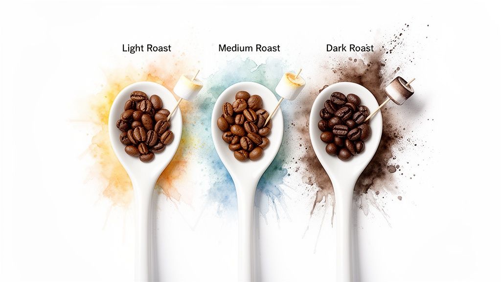 Three spoons showcasing light, medium, and dark roasted coffee beans with matching toasted marshmallows.