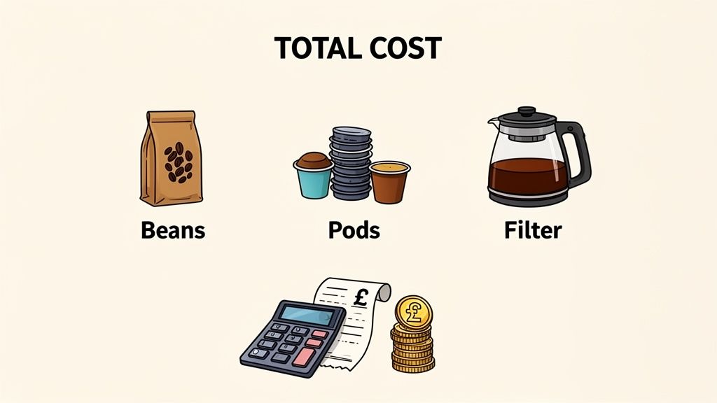 An illustration comparing the total cost of coffee beans, pods, and filter coffee, with a calculator and money.