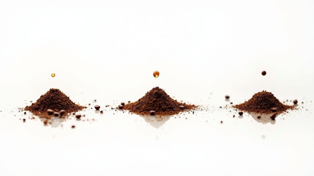 Three piles of ground coffee with liquid drops and scattered beans on a white reflective surface.