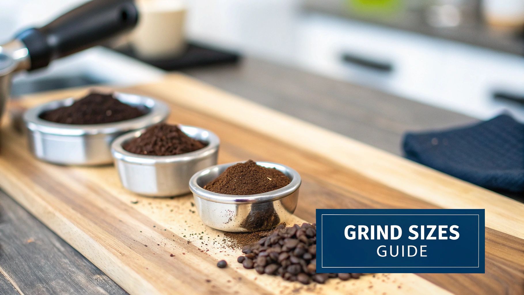 A close-up of coffee beans being poured into a grinder hopper.