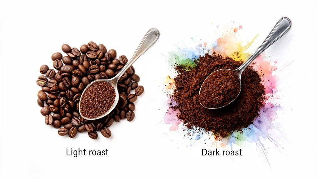 Light roast whole coffee beans with a spoon of ground coffee, next to a pile of dark roast ground coffee with a spoon, on a colorful watercolor background.