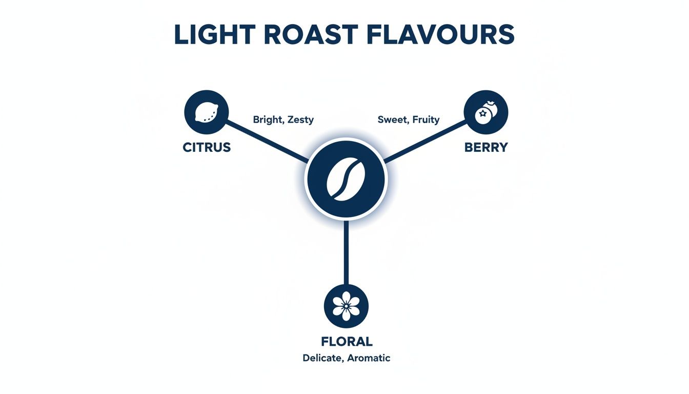 Diagram illustrating light roast coffee flavours: Citrus (bright, zesty), Berry (sweet, fruity), and Floral (delicate, aromatic).