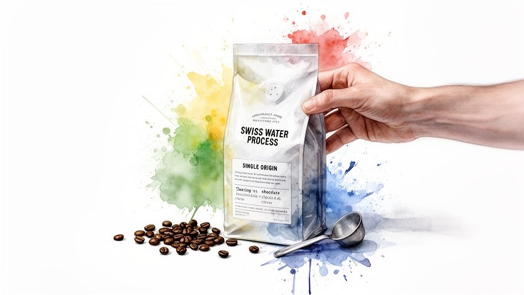 Hand holding a bag of Swiss Water Process single origin coffee with beans and a scoop on a colorful background.