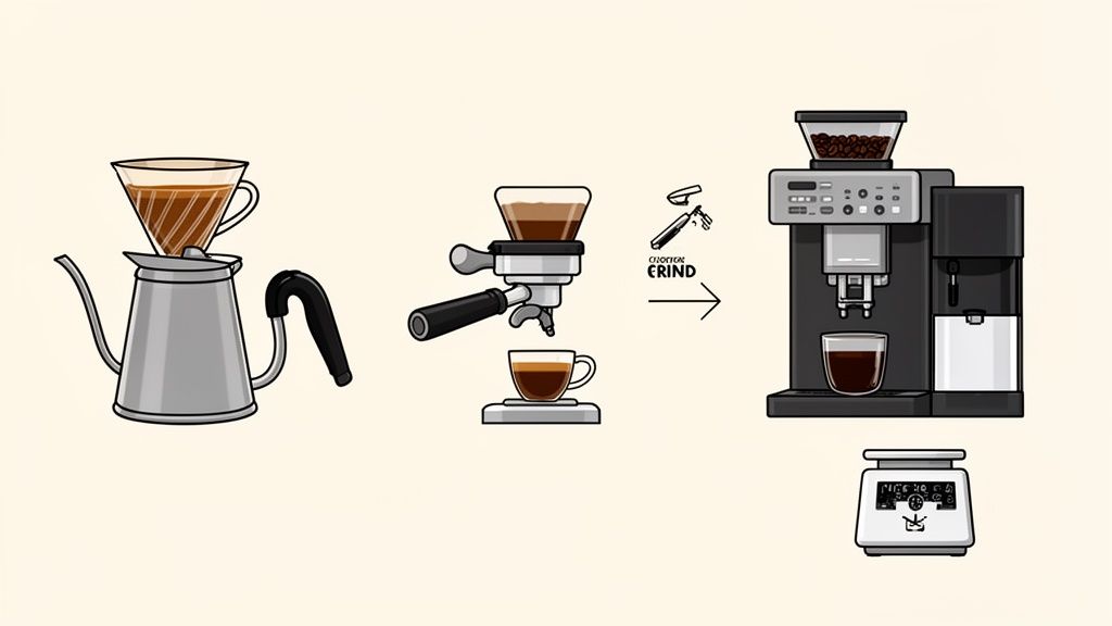Illustration depicting three coffee brewing methods: pour-over, espresso machine, and automatic coffee maker.