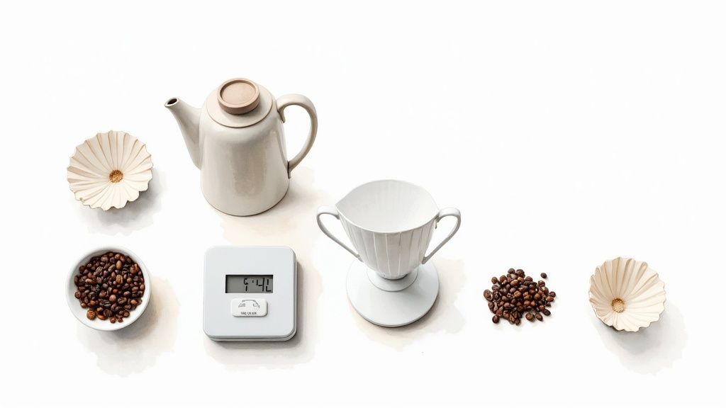 A full V60 pour over toolkit laid out neatly