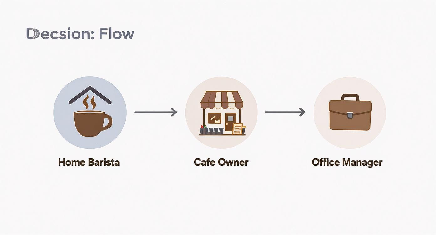 A flow chart illustrating the career progression from home barista to cafe owner to office manager.
