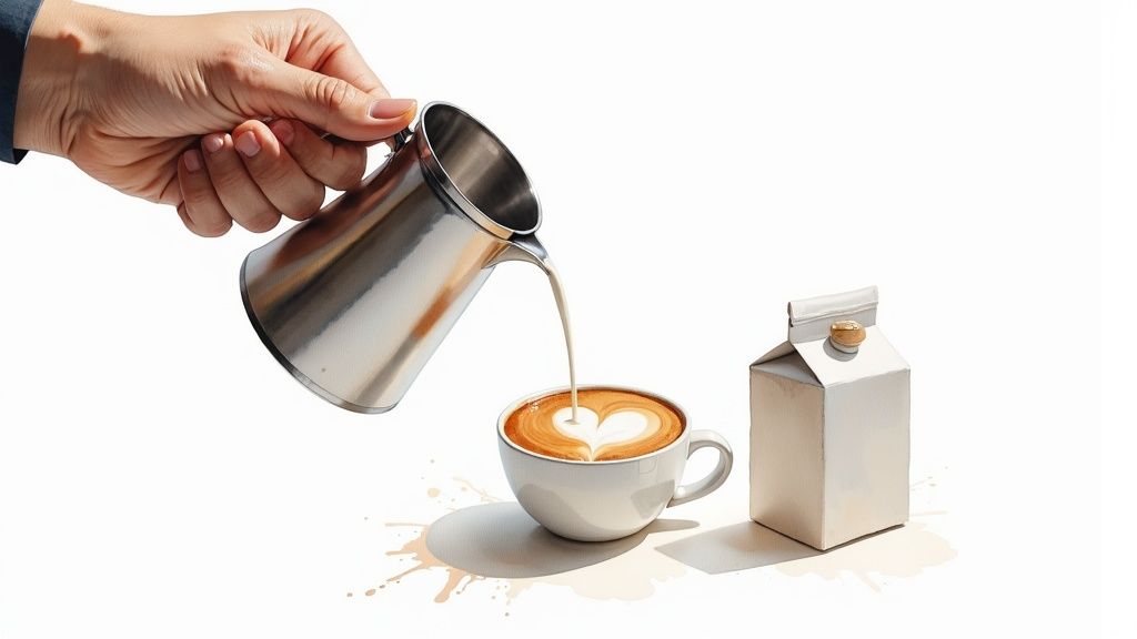 Hand pouring steamed milk from stainless steel pitcher creating heart latte art in white cup