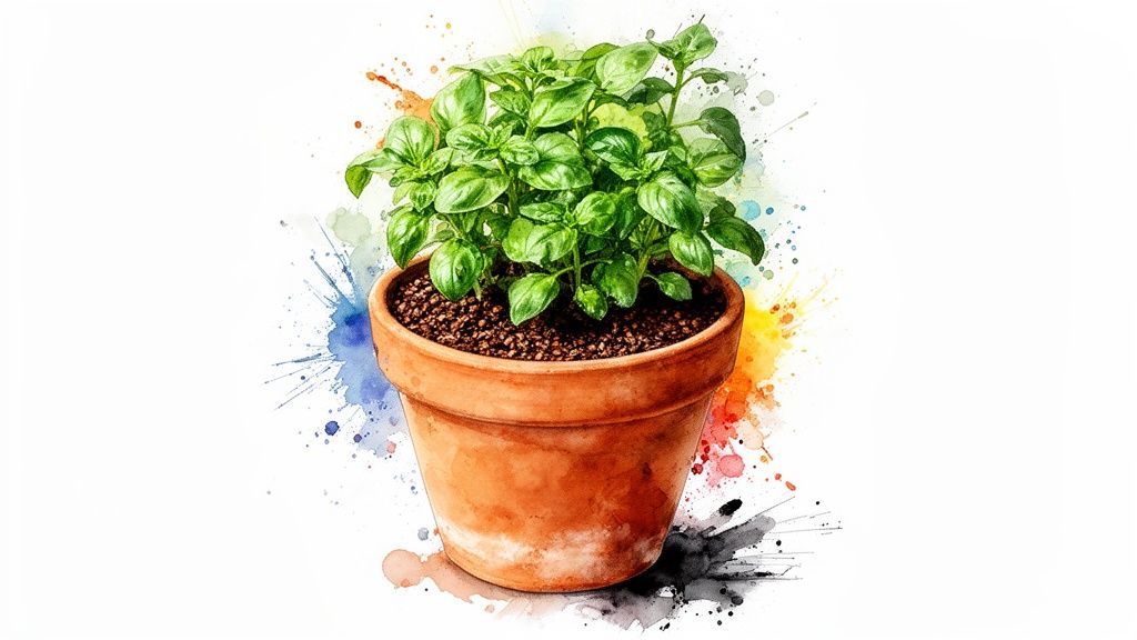 A vibrant watercolor painting of a small basil plant in a terracotta pot with colorful splashes.