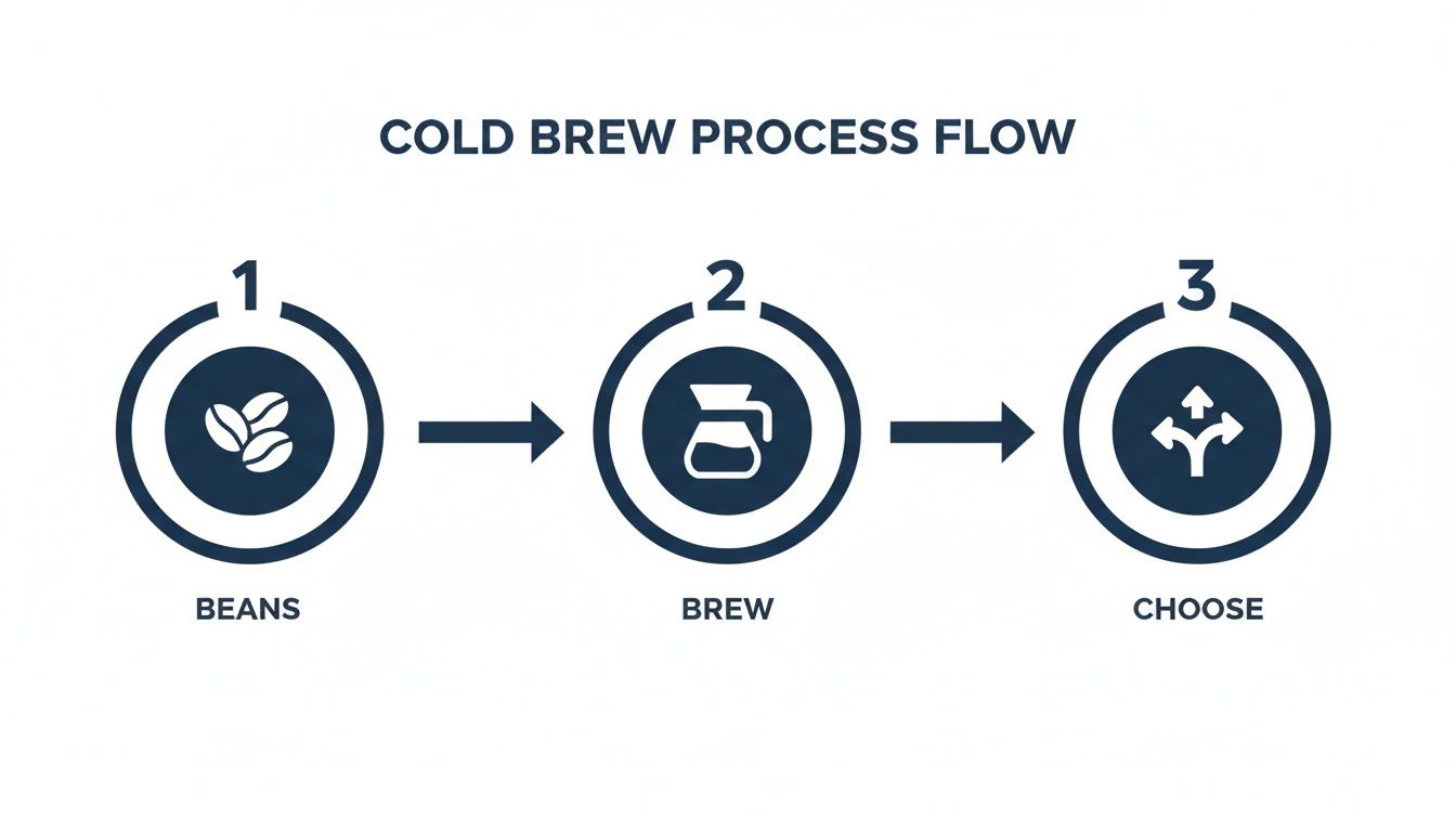 Infographic showing a three-step cold brew coffee process flow: beans, brew, and choose.