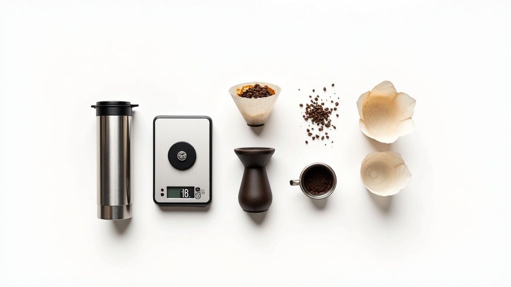 Overhead shot of coffee brewing essentials including scale, filters, beans, and a stainless steel brewer on a white surface.