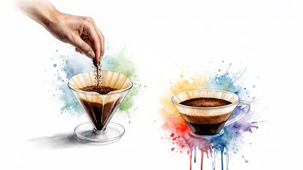 Watercolor illustration of a hand pouring coffee grounds into a pour-over filter, next to a finished cup.