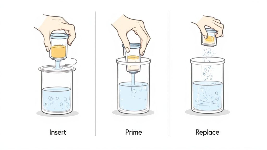 Diagram illustrating the steps to insert, prime, and replace a coffee machine water filter.