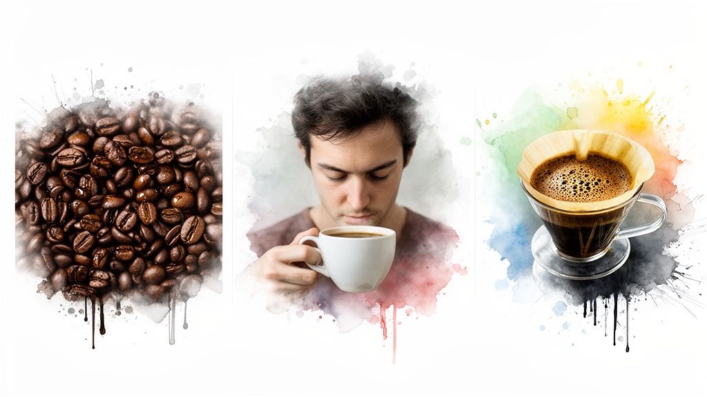 Three watercolor panels depicting roasted coffee beans, a man smelling coffee, and a pour-over coffee.