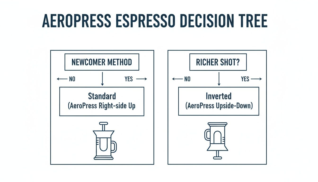 A decision tree flowchart for AeroPress espresso methods, showing standard (right-side up) and inverted (upside-down) options.